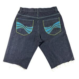 Vintage Y2K Jinzu Shorts Blue Denim Sz 33 Cut Off Baggy Embroidered Skate Mens